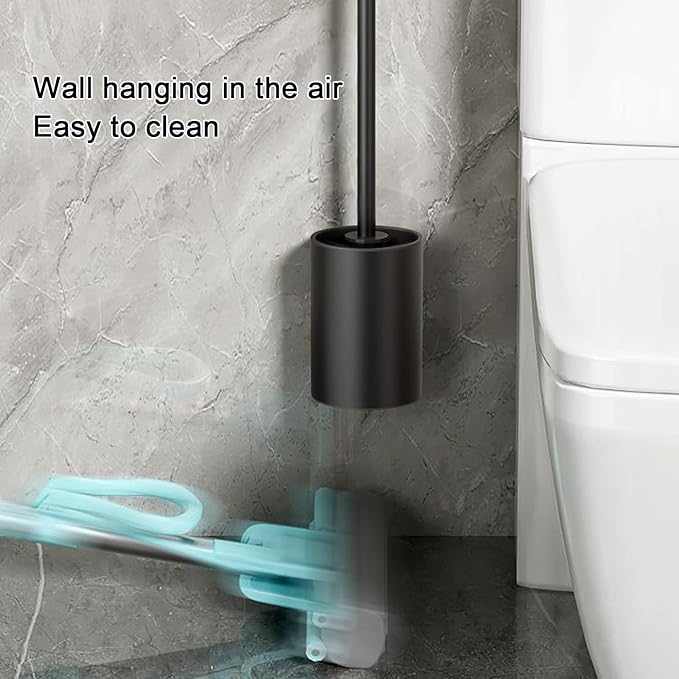 Stainless Steel Toilet Brush & Holder Set, Black, Silicone Bristles, Bathroom Cleaning Tools