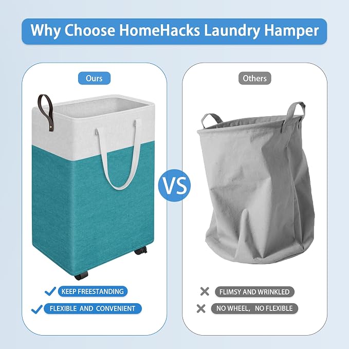 HomeHacks 75L Rolling Laundry Basket with 4 Wheels Collapsible Green | 4 Wheels, Waterproof PEVA Lining, Cotton Flax Fabric, Metal Frame, Bathroom Laundry Room Dorm Storage, Space-Saving Design
