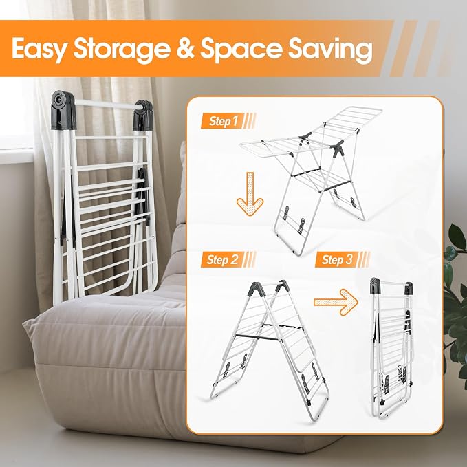 Clothes Drying Rack Foldable Metal Laundry Drying Rack White | with Height-Adjustable Wings, Space Saving, Indoor Outdoor Use, Free-Standing Airer