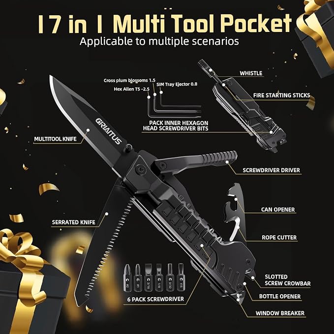 17-in-1 Multitool Knife, Multi-Tool Gift for Men, Camping EDC Pocket Knife | Stocking Stuffers Gifts for Men Dad from Daughter Son, Unique Practical Birthday Gifts for Husband Boyfriend Father Outdoor