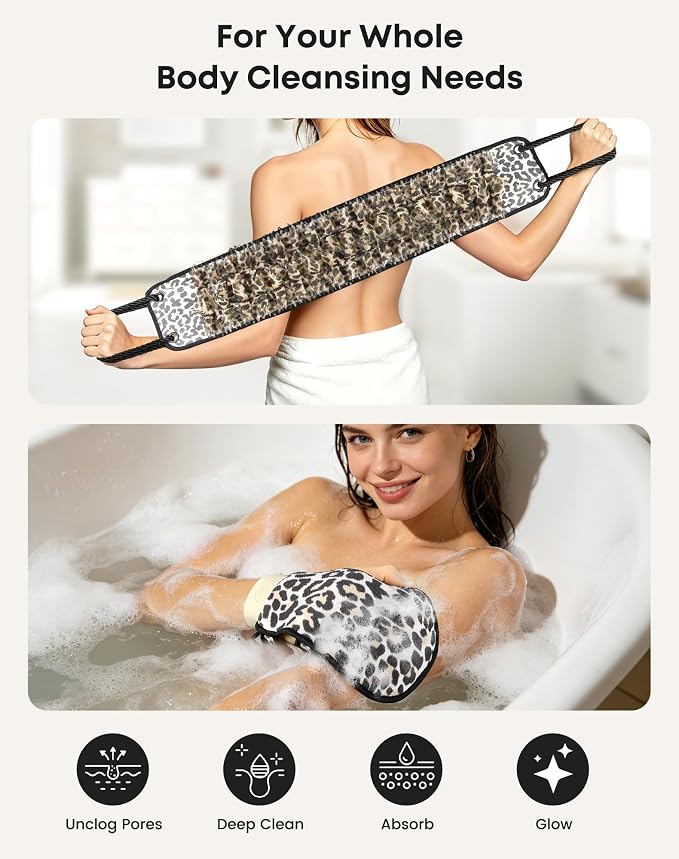 eaxun Exfoliating Back Scrubber with Two Handles & Glove for Shower, Dual-Sided Mitt and Wider Bath Exfoliator with Mesh Loofah for Men, Women, Elderly, Deep Cleansing Body Washer Set - Leopard