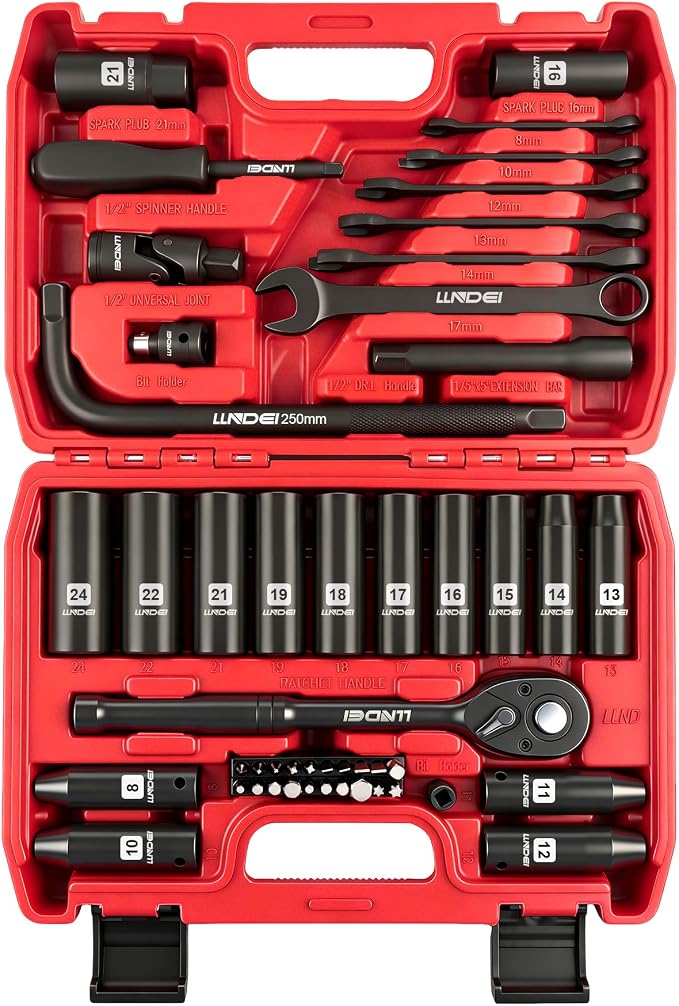 1/2" Impact Socket Wrench Set: 49Pcs, CR-V, Metric | Combination Wrenches (8-17mm), Deep Sockets(8-24mm), Spark Plug Socket(16,21mm), Household&Automotive Repairing
