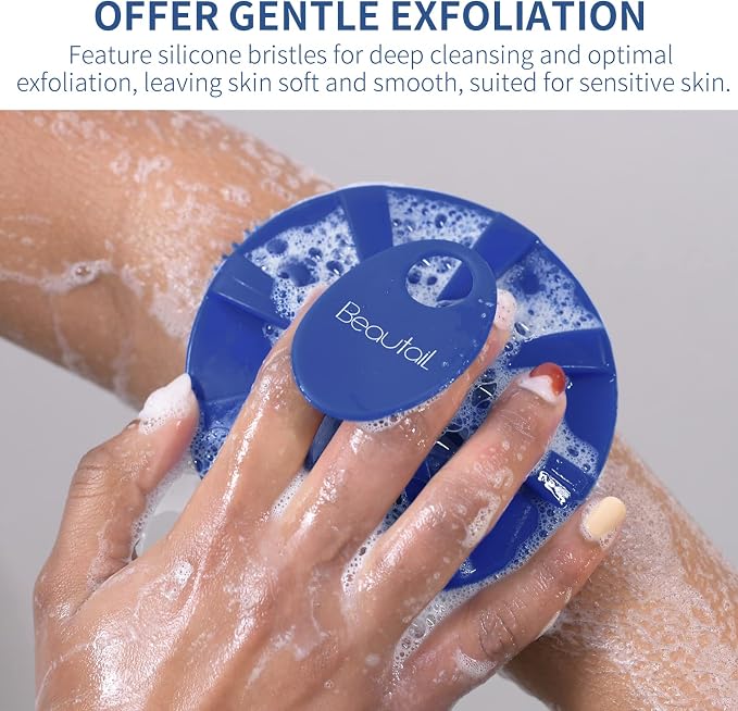 BEAUTAIL Silicone Body Scrubber, Gentle Exfoliating Shower Brush for Body | Hygienic Silicone Loofah, Easy-Grip Handle, Soft Bath Essential Scrubber for Sensitive Skin, Women, Men & Kids, 1 Pack, Blue