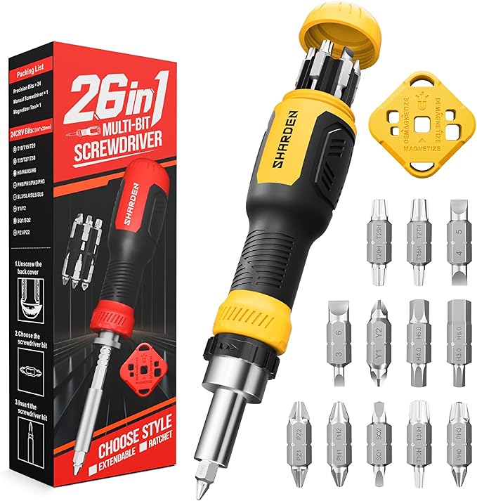 26-in-1 Ratcheting Screwdriver Set Multi Screwdriver Tool Kit | All in 1 Ratchet Screwdriver, 12 Double Ended CRV Bits Phillips Slotted Torx Hex, Portable Tool for Home Bike Computer Repair