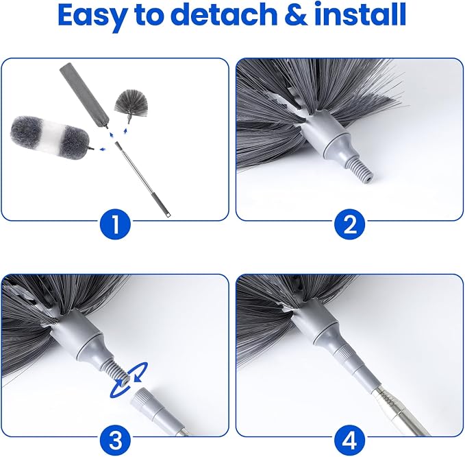 Extra-Long Dusters Kits with Extension Pole, 5 in 1 Cleaning Tools with Extendable Long Handle, Cobweb Duster, Microfiber Dusting Clothes for Gap, High Ceilings and Fans, Blinds, Cars and Furniture
