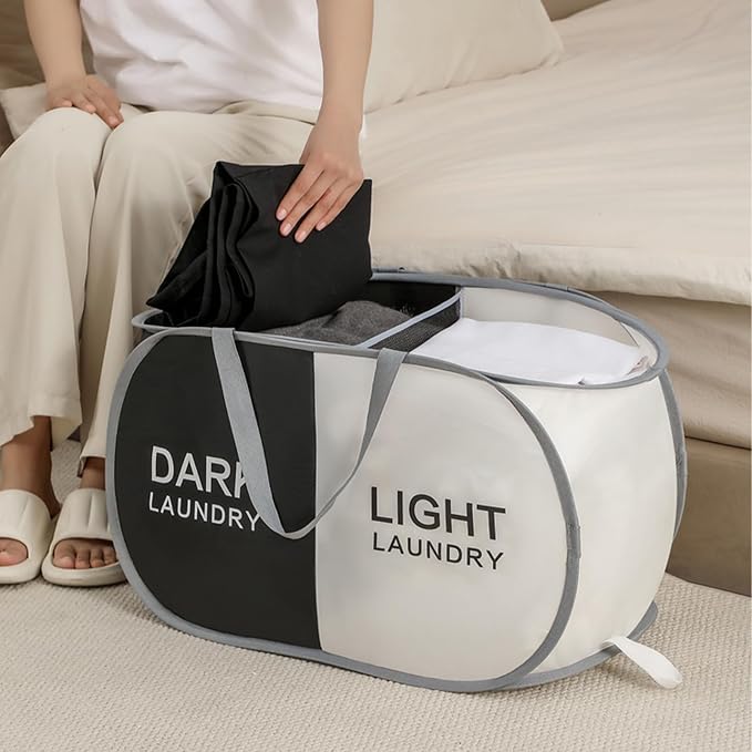 Collapsible Laundry Baskets with 2 Compartments, Black + Begie | 105L, Foldable, Pop up Hamper, Reinforced Durable Laundry Hamper for Home, Laundry, Bathroom, Dorm or Travel