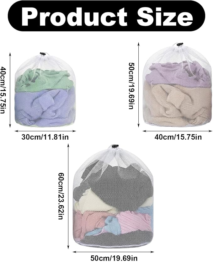 3 Pcs Mesh Laundry Bags, Drawstring Net Bags for Laundry Mesh Wash Bag Garment Bag for Washing Machine Home College Dorm Hotel Travel Family and Apartment Dwellers Use (3 Sizes)
