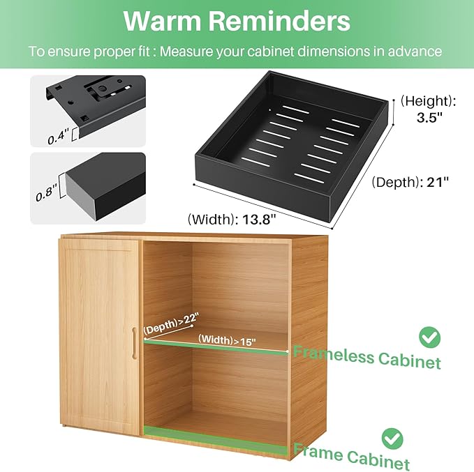 Kitstorack 2Pack Pull out Cabinet Organizer, 21" Deep, Heavy Duty Full-extension Slide out Drawers for Kitchen Cabinet, Roll out Shelf Storage with Nano Adhesive for Pots, Bathroom, Pantry,Home,Black