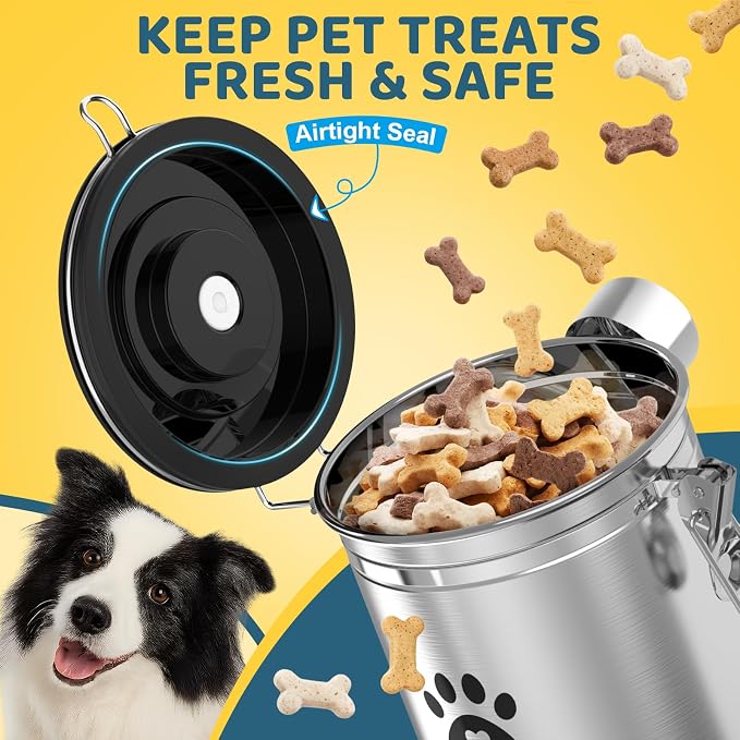 ENONCI Dog Treat Container Airtight,5.9"x4.7" Stainless Steel Cat Treat Jar for Kitchen Counter with Scoop, Pet Storage for Fresh Dog Cookie