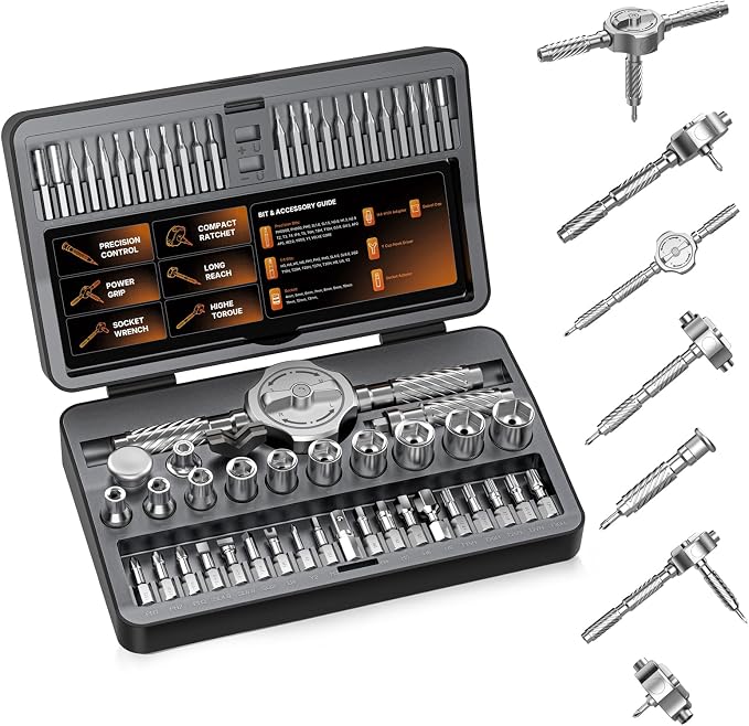 Upgraded 62 in 1 Magnetic Ratchet Screwdriver Set, 43 Bits & 10 Hex Sockets | T Handle Ratchet Screwdriver Set with Case Repair Tool Kit for Furniture, Bicycle, Electronics, Auto, DIY & Gift for Men
