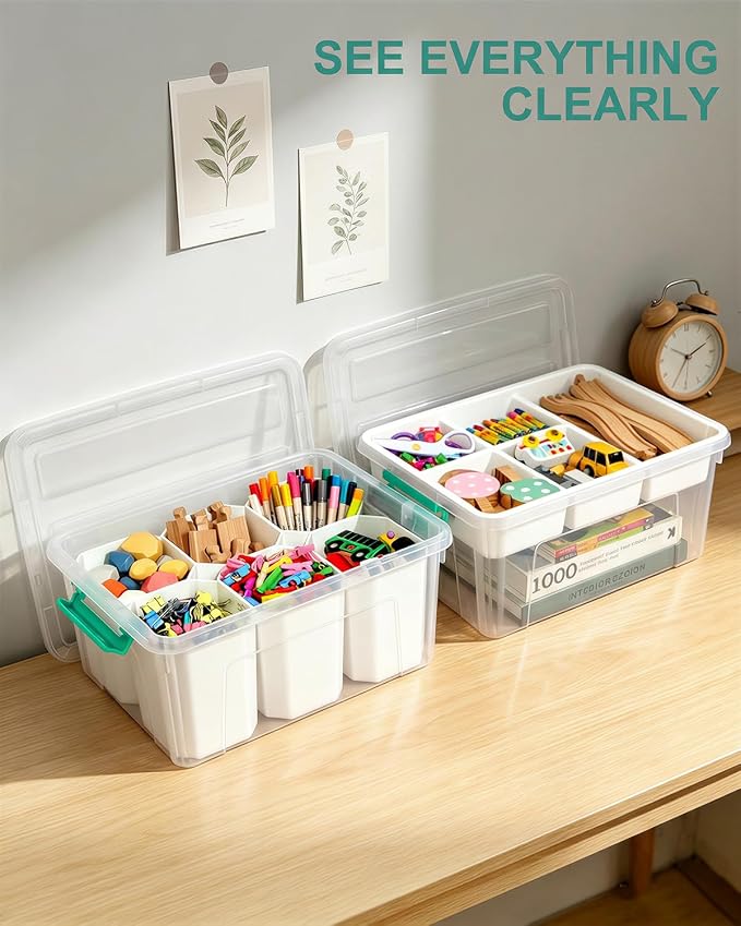EOENVIVS Clear Storage Tote with 6 Tall Inserts, Large Plastic Organizer Box with Lid and Handles, 15.94x11.61x7.28 Inches, Multi-Functional Container for Cosmetics, Toys, School Supplies