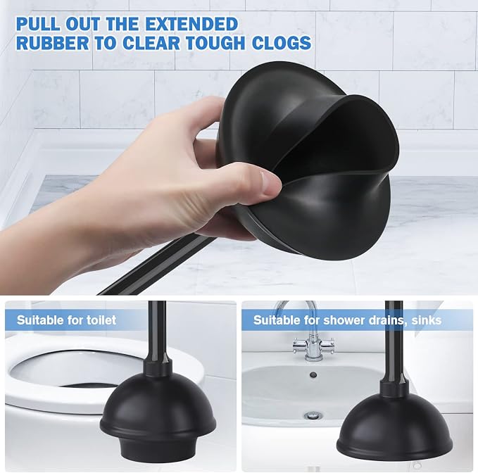 Toilet Plunger and Brush with Holder, Bowl Brush and Heavy Duty Toilet Plunger Set for 5.7-inch Toilet Drain, 2-in-1 Bathroom Cleaning Combo with Modern Caddy Stand (Black)