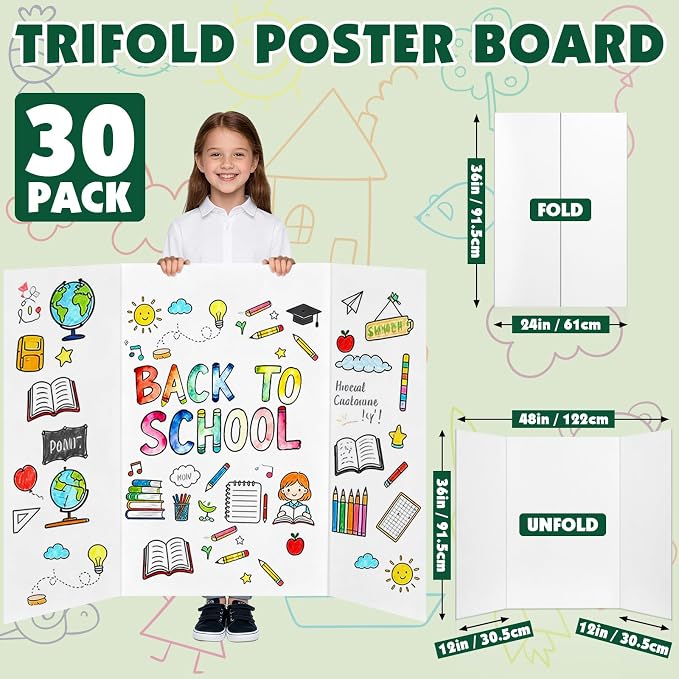 30 Pack Trifold Poster Board, 36in x 48in Corrugated Project Board, White Presentation Board, Trifold Display Board for School Project, Business Presentation, Science Fairs, Event Display