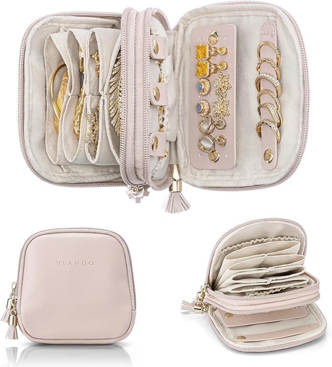 VLANDO 2-Layer Travel Jewelry Organizer for Rings,Earrings,Necklaces | Soft Velvet-Lined Storage with Divided Sections,Giftable Organizer for Summer Trips,Bridesmaids,Daily Use, Apricot Pink