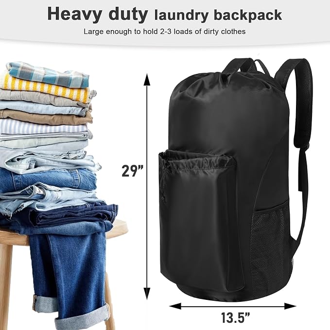 Extra Heavy-Duty Laundry Bag, Black,13.5x29" | Backpack, Large Capacity, Drawstring, Padded Shoulder Straps, 4 Pockets & ID Tag, For Dorm, College, Travel
