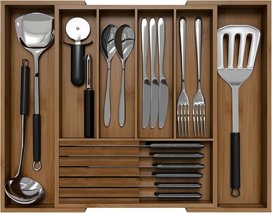 Bamboo Kitchen Silverware Drawer Organizer - Expandable Wood Utensil Holder with Dividers, Luxury Cutlery Storage Tray for Kitchen Utensil and Flatware (5-7 Slots with Removable Knife Block, Walnut)
