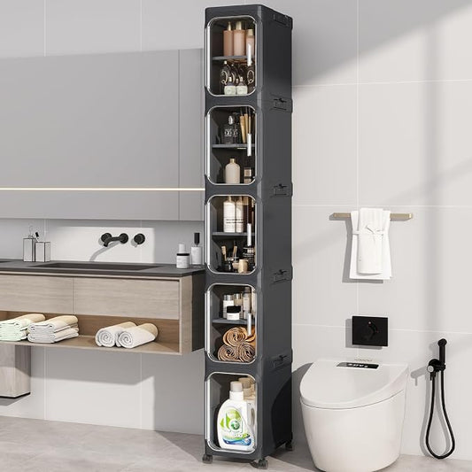 5 Tier Slim Bathroom Storage Cabinet, Foldable and Movable, Black | Tools Free, ABS and PET, Magnetic Clear Door, Adjustable Shelves, Lockable Wheels, Water Resistant, For Narrow Space