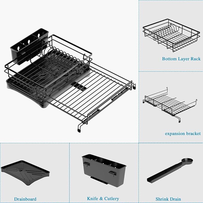 Expandable Dish Drying Rack for Kitchen Counter, Large Capacity Dish Rack with 360° Rotatable Drain Spout & Utensil Holder, Stainless Steel Dish Drainer for Kitchen Sink, Black