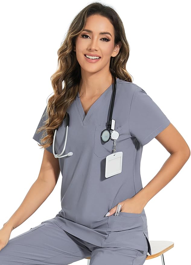 Scrubs Tops for Woman - Soft Stretch, V-Neck Tops | 3 Pockets, Side Split Design, Short Sleeve, Breathable & Lightweight Nursing Shirt, Easy-Care Fabric for All-Day Comfort