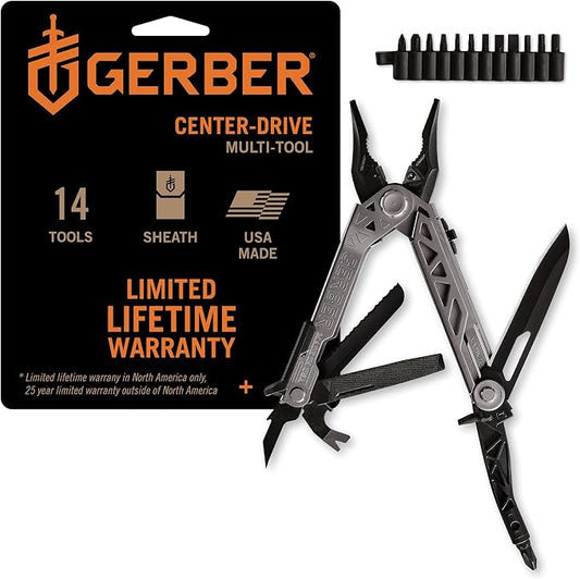 Gerber Gear Center-Drive Multitool - Includes 3.25” Outboard Knife, Pliers, Pry Bar, Bottle Opener & Awl - Comes with Bit Set & Sheath - Silver & Black