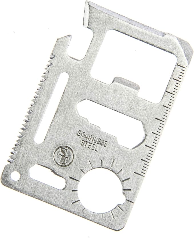 SE 11-Function Stainless Steel Survival Pocket Tool - Compact, Credit Card-Sized Multi-Tool with Leatherette Case - Ideal for Camping, Hiking, and Outdoor Activities- MT908-1