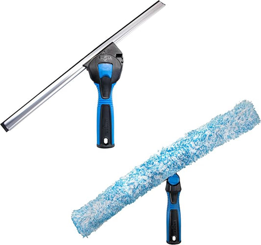 Unger Professional Connect & Clean 18" Window Scrubber Washer for Glass Cleaning and 18” Window and Glass Cleaning Squeegee with EZ Change, Swiveling Head for Corners and Edges