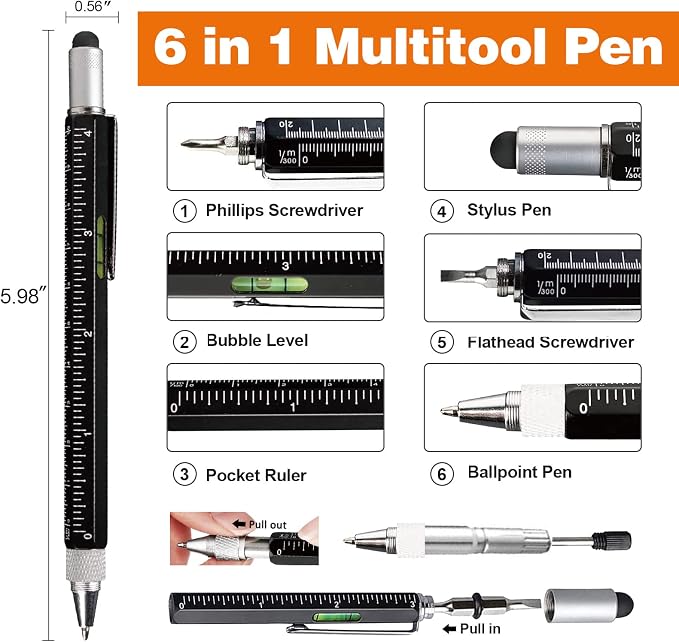 VIBELITE Magnetic Pickup Tool & 6 in 1 Multitool Pen, 2 Pack | Touch Screen Stylus, Rulers, Bubble Level, Flathead & Phillips Screwdriver, Ballpoint Pen