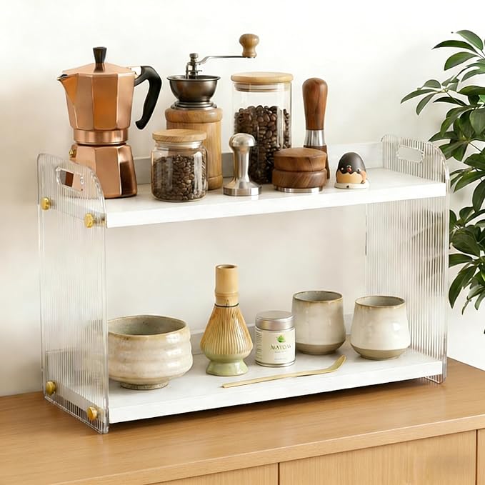 2 Tier Coffee Station Organizer - Acrylic & Pine Wood Matcha Station(White) | 15.75" x6.18" x9.37", Easy-to-Clean coffee bar shelf for Kitchen Countertops, for Placing Mugs, Coffee Beans, Syrup, Cups etc