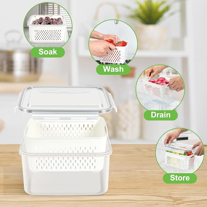 TBMax Fruit Storage Containers for Fridge Organizers and Storage, 10 Pieces Large Produce Saver with Airtight Lid & Colander for Berry Lettuce Salad Vegetable Storage, Refrigerator Organizers