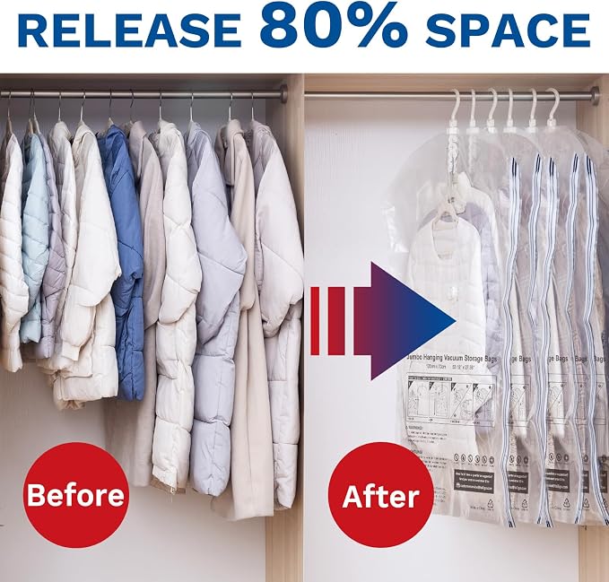 Hanging Vacuum Storage Bags For Clothes with Electric Pump, 6 Pack Large Hanging Space Saver Bags, Vacuum Sealed for Clothing Travel Suits Dress Jackets for Moving Supplies(6 Long)
