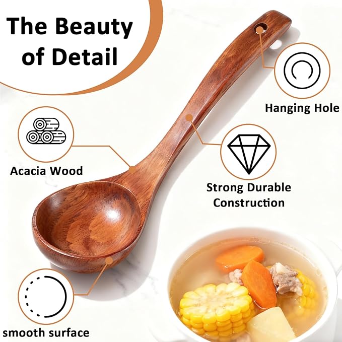 Wooden Ladle for soup, 11 Inch Wooden Soup Spoon, Long Handle Ladle Spoon, Large Kitchen Woodens Scoop for Cooking Serving Cookware, Gravy Sauce Porridge