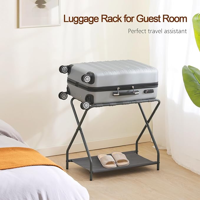 AMHANCIBLE Luggage Rack, Set of 2, Foldable Suitcase Stands for Guest Room | Metal Luggage Holder with Storage Shelf for Bedroom, Hotel, Easy Assemble, Grey
