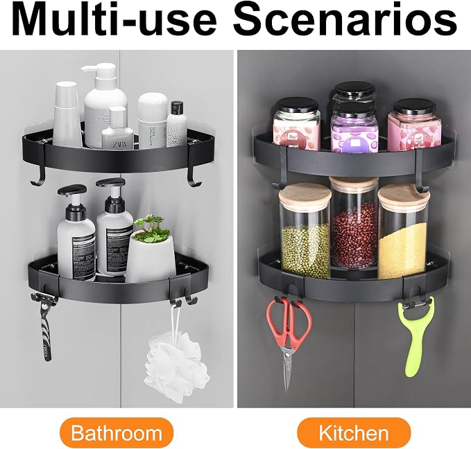 DUFU Adhesive Corner Shower Caddy with Hooks,Bathroom Shower Organizer, No Drilling Rust Proof Aluminum Shower Shelf for Inside Shower 2 Pack (Black)