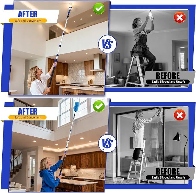 26FT Light Bulb Changer Kit with Ceiling Fan Cleaner Extension Pole Blue | Telescoping Lightbulb Changing Pole,Cobweb Brush Extendable Duster,Spider Web Brush and Window Squeegee Cleaning