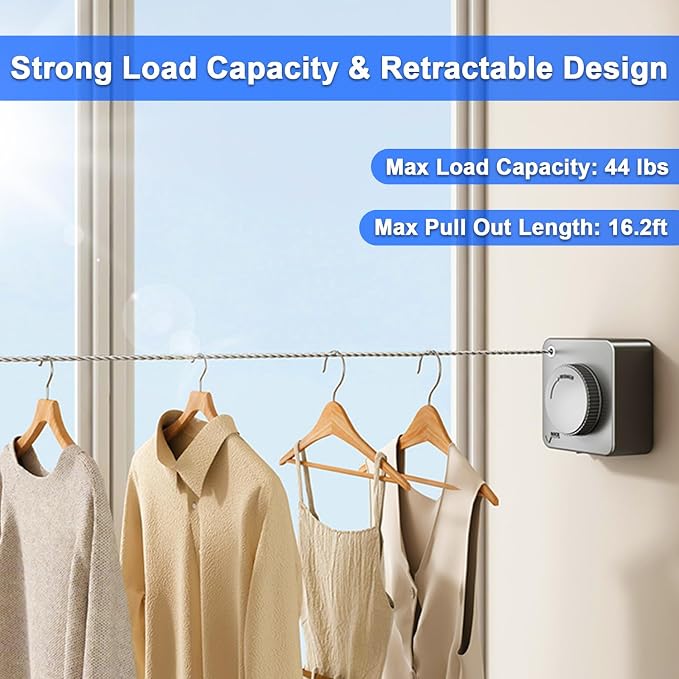 Retractable Clothesline Indoor Outdoor 16.2Ft Non-Sag(1, Gray) | Stainless Steel Heavy Duty Design Laundry Wash Line with Wall Mounted, Space-Saving Drying Rack for Bathroom, Balcony