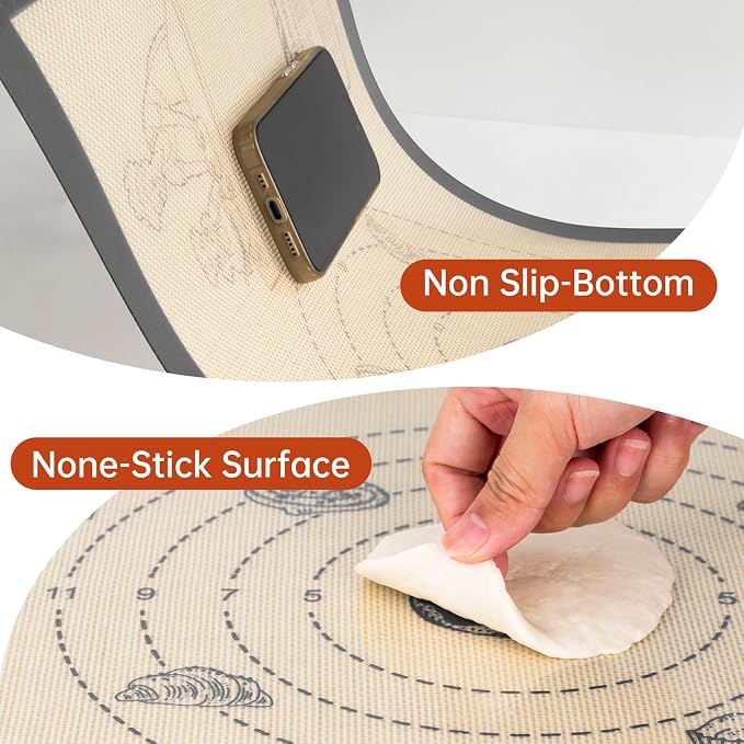 Silicone Baking Mat with 10 Easy Recipes, 0.7MM Extra Thick Silicone Mats for Baking, Kneading, Pastry Dough Rolling, Baking Essential for Cookie, Macaron, Bread, Pizza, Sourdough