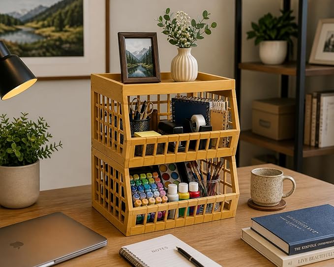 Bamboo Stackable, Open Front, Medium Storage Bins -Lattice Design, 2 Pack