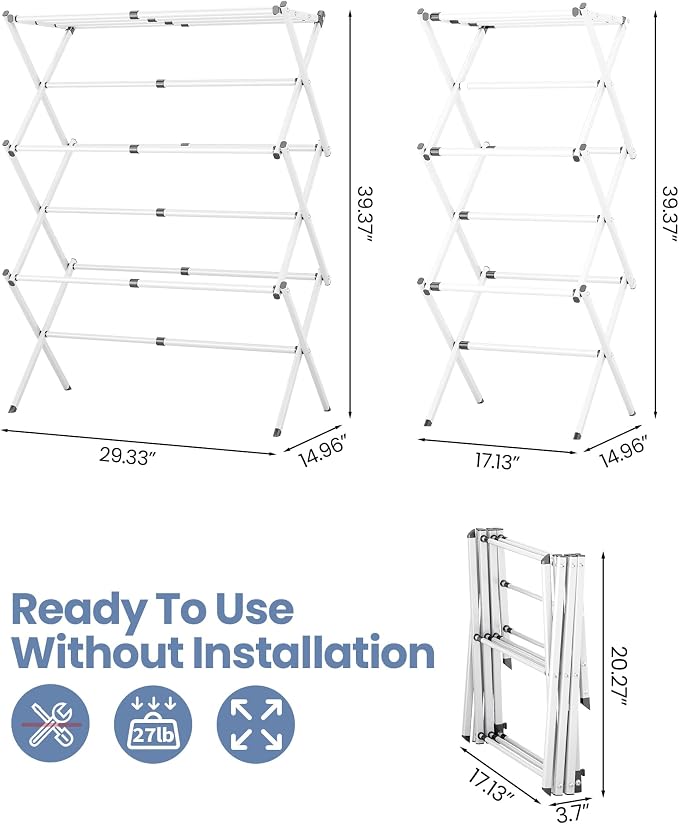 APEXCHASER Oversize 3-Tier Clothes Drying Rack, No Install, White | Expandable Design, Non-slip feet, Tool-free Setup, Rust Prevention, Sturdy Construction, 14.9" D x 29.3" W, Holds 24lbs