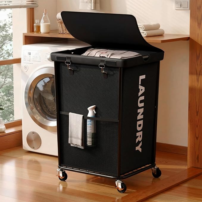 Laundry Hamper with Wheels and Lid, 150L Large Rolling Laundry Basket Black | Heavy Duty Clothes Organizer, Sturdy Metal Frame, Lockable Swivel Casters, Removable Bag, For Bedroom, Bathroom, Laundry Room