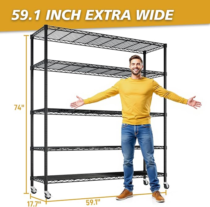 Karl home Heavy Duty 5-Tier Storage Shelving,Black Adjustable Metal Rack | 3125LBS Capacity Wire Storage Shelving Unit, 74.02"H x 59.06"W x 17.72"D, Multipurpose Organizer for Garage, Kitchen