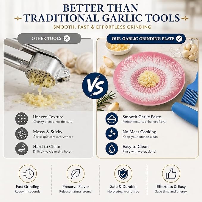 Ceramic Garlic Grater Plate Set with Rack & Cleaning Brush(Pink) | Textured ceramic surface grates garlic, ginger and tomatoes quickly; includes rack, brush and peeler for easy kitchen use