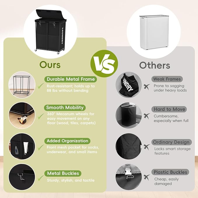 Laundry Hamper with Wheels and Lid, 225L Large Rolling Laundry Basket Black | Heavy Duty Clothes Organizer, Sturdy Metal Frame, Lockable Swivel Casters, Removable Bag, For Bedroom, Bathroom, Laundry Room