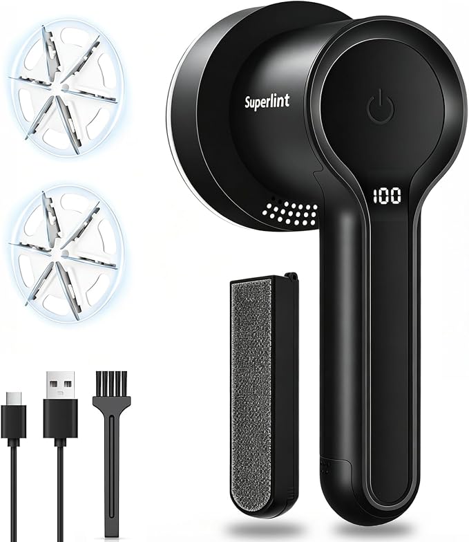 SuperLint 2-in-1 Rechargeable Fabric Shaver LED 3-Speed Lint Remover Black | Electrostatic Brush,2000mAh Battery,USB C Rechargeable,2-3H Long Runtime,auto-stop safety,6-Leaf Blade,2 replacement blades