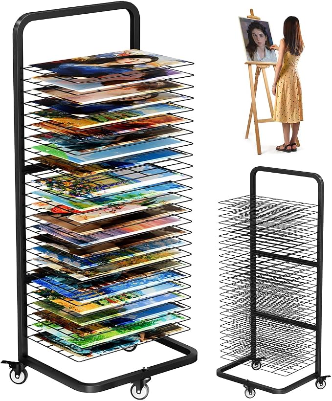 mocomax Art Drying Rack for Painting, Metal Paint Drying Stand, Movable Paint Drying Rack with Lockable Wheels, Art Canvas Storage Rack for Classrooms & Art Studios, 25 Removable Shelves, Black