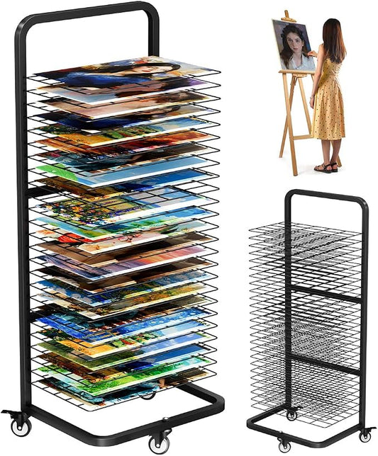 mocomax Art Drying Rack for Painting, Metal Paint Drying Stand, Movable Paint Drying Rack with Lockable Wheels, Art Canvas Storage Rack for Classrooms & Art Studios, 25 Removable Shelves, Black