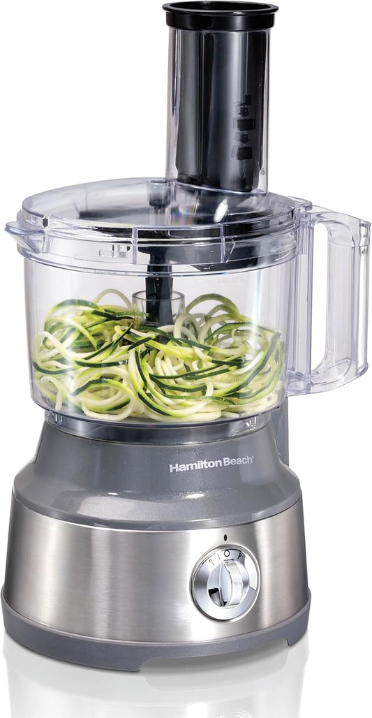 Hamilton Beach Food Processor & Vegetable Chopper for Slicing, Shredding, Mincing, and Puree, 10 Cups + Veggie Spiralizer makes Zoodles and Ribbons, Grey and Stainless Steel (70735) | For Slicing, Shredding, Mincing, and Puree | Veggie Spiralizer Attac...