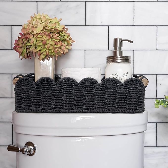 CubesLand Bathroom Basket Organizer, Toilet Tank Paper Storage Baskets 2PK | Scalloped Decorative Basket for Countertop w/Handle, Wicker Basket for Bathroom Decor, Home Decor, Living Room, Black