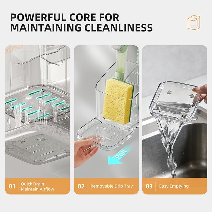 Minimalist Sponge Holder for Kitchen Sink, 3 Slots Sink Caddy with Removable Divider and Drip Tray, Clear PET Countertop Organizer to Free up Kitchen Sink Space