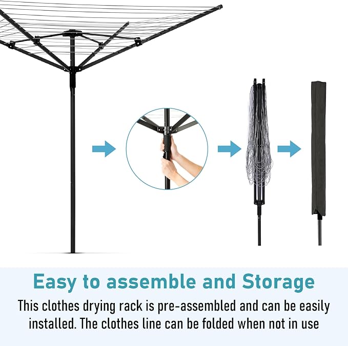 MYOYAY 165 Ft Outdoor Umbrella Drying Rack Rotary Retracting Clothesline | Adjustable Height Collapsible Umbrella Clothesline 4 Arm Heavy Duty Clothes Drying Rack with 12 Lines for Laundry Outdoors