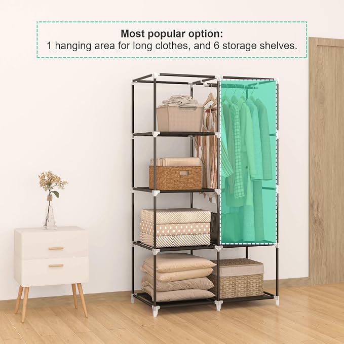 MOGELAFOO 35 Inch Portable Closet for Small Room, Clothing Organizer Storage Rack with Non-Woven Fabric Cover, 1 Clothes Hanging Rod, 6 Storage Shelves, Black